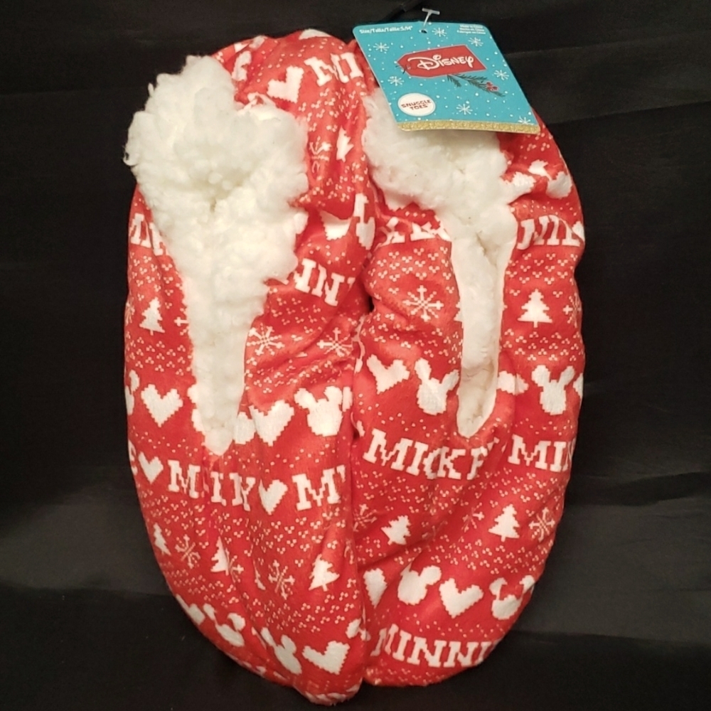Disney Mickey/Minnie NWT Holiday "Snuggle Toes" Stretch Plush Slippers